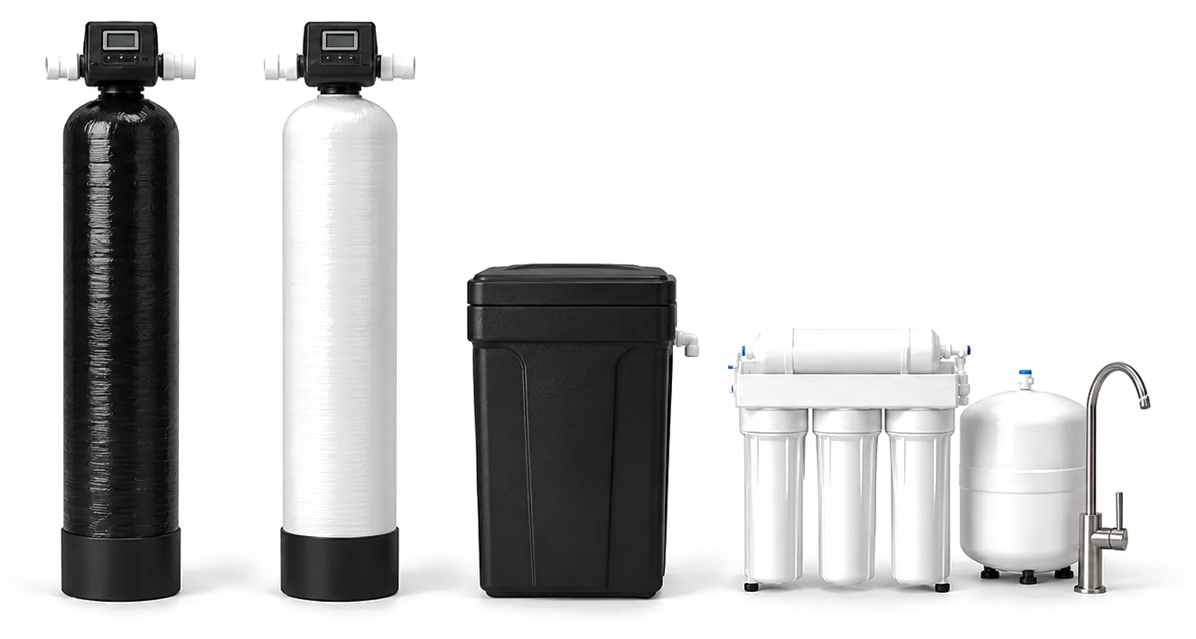 Illustration of the full system: softener tank, carbon tank, brine tank, and under-sink reverse osmosis unit